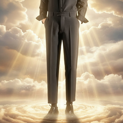 Person wearing dark gray pants and black shoes against a textured wall.