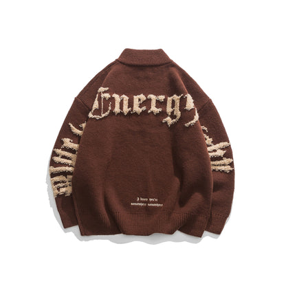 High-Neck Jacquard Zip Sweater